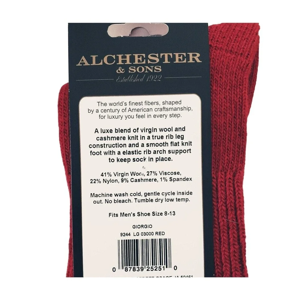 Alchester Giorgio Red Socks Wool Cashmere Blend Mens Crew Dress Size 10-13 Large